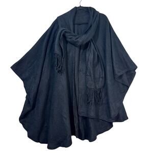 Handmade Alpaca Wool Black Poncho Cape Boho Wrap Kimono Attached Fringe Scarf OS